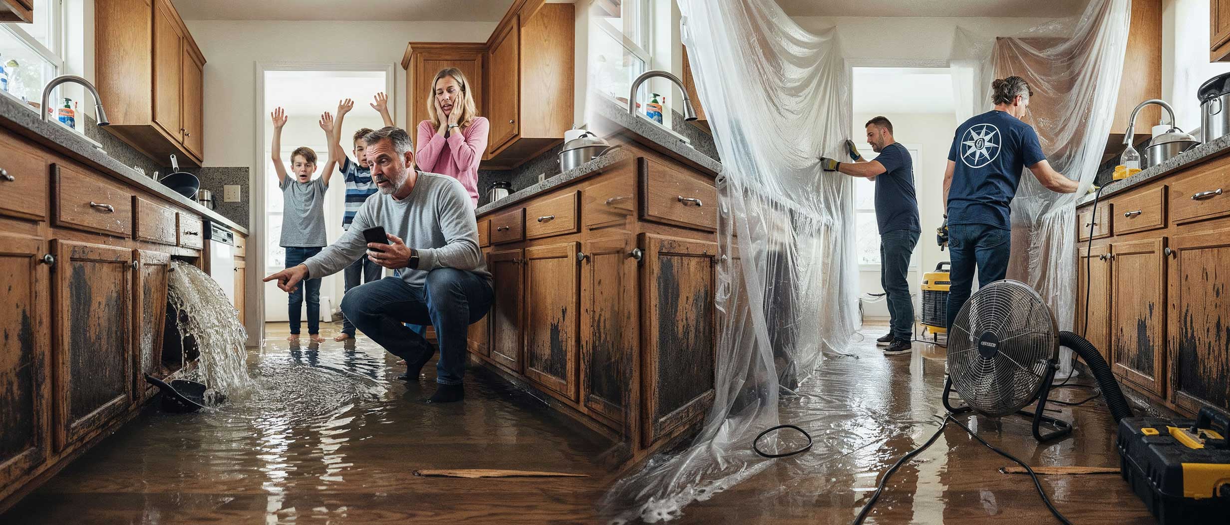 Before & After Kitchen With Water Damage and Water Mitigation in Process