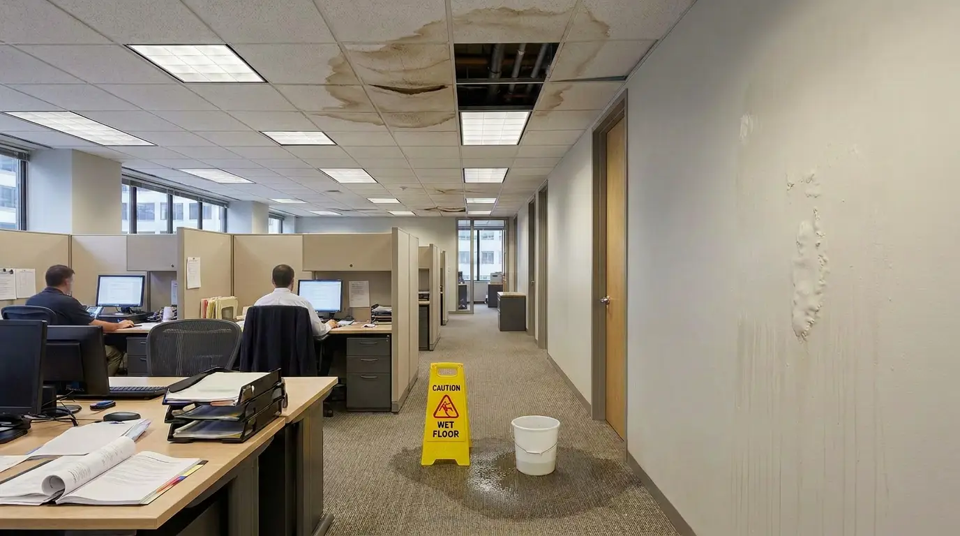 Open-plan office with cubicles and two workers at desks; ceiling water damage and a yellow wet-floor sign with a bucket in the foreground.