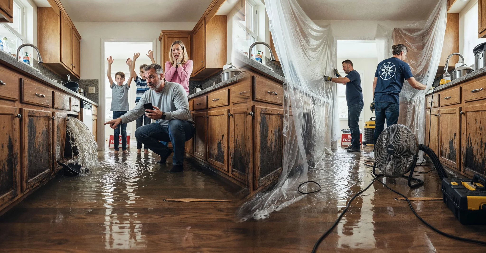 Water Damage in Kitchen Restoration of Kitchen in Process